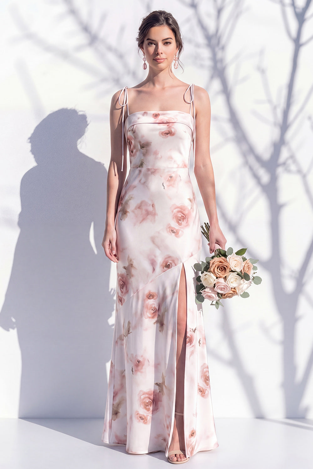 Ivory Red Flower Spaghetti Straps Sheath Long Bridesmaid Dress with Slit