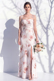 Ivory Red Flower Spaghetti Straps Sheath Long Bridesmaid Dress with Slit