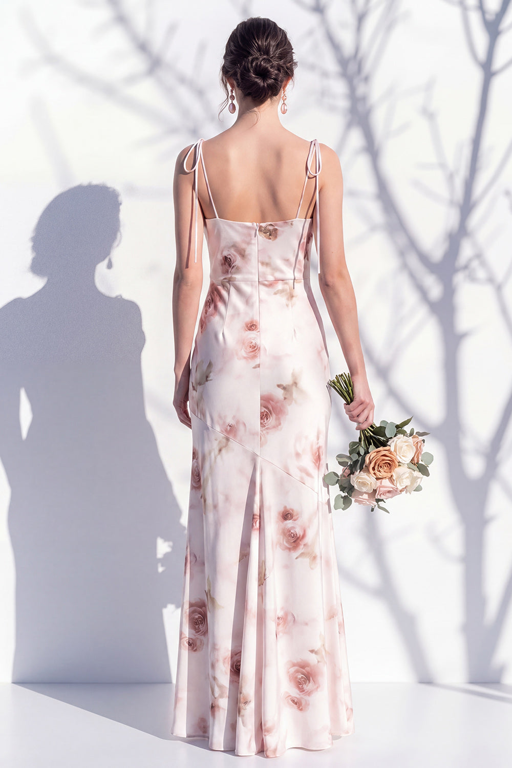 Ivory Red Flower Spaghetti Straps Sheath Long Bridesmaid Dress with Slit