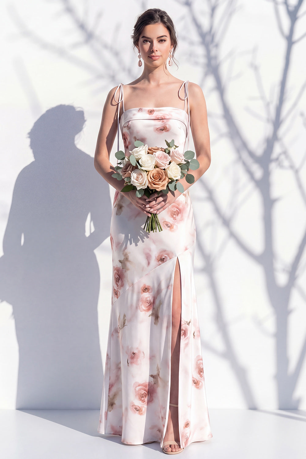 Ivory Red Flower Spaghetti Straps Sheath Long Bridesmaid Dress with Slit