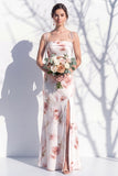 Ivory Red Flower Spaghetti Straps Sheath Long Bridesmaid Dress with Slit