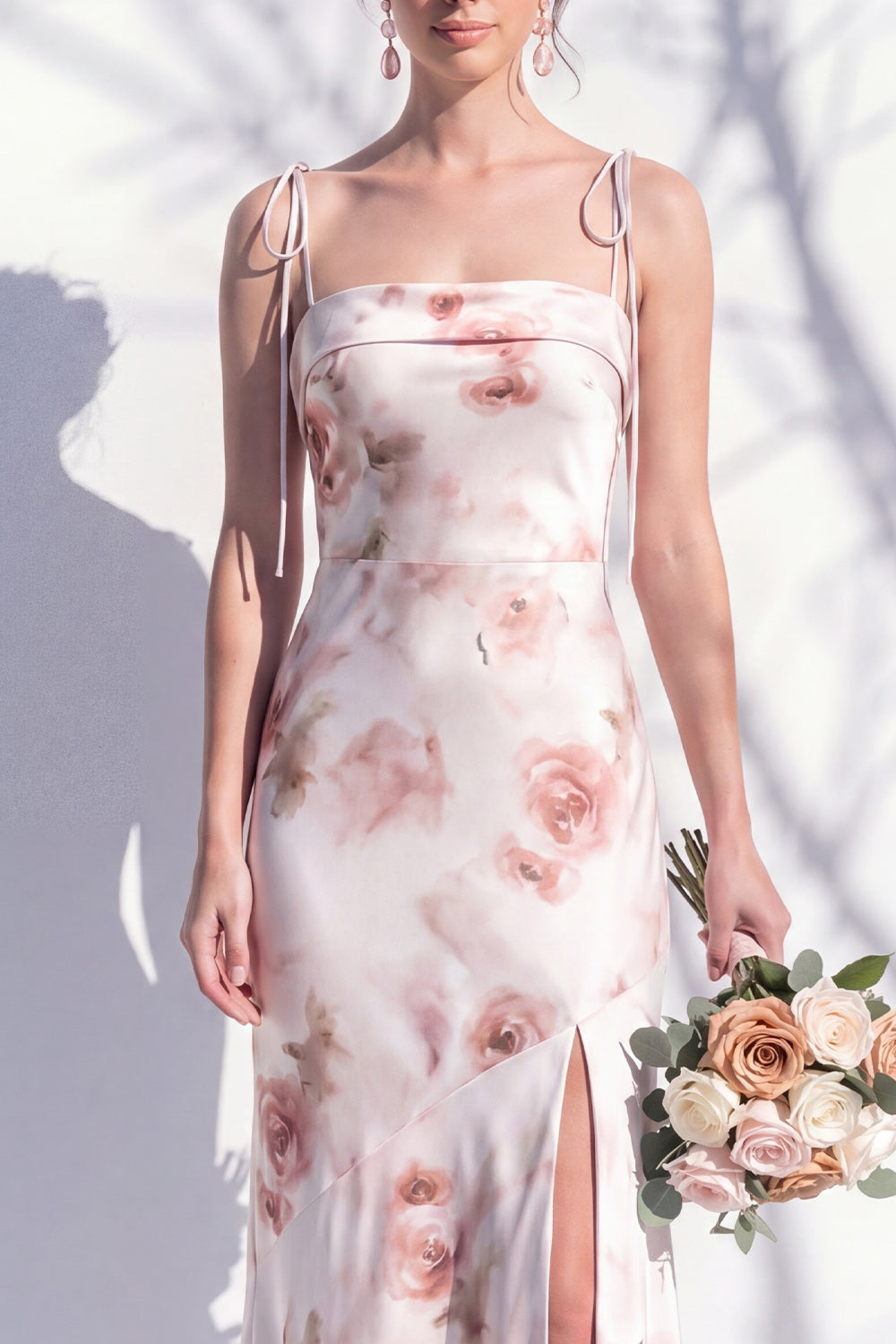 Ivory Red Flower Spaghetti Straps Sheath Long Bridesmaid Dress with Slit