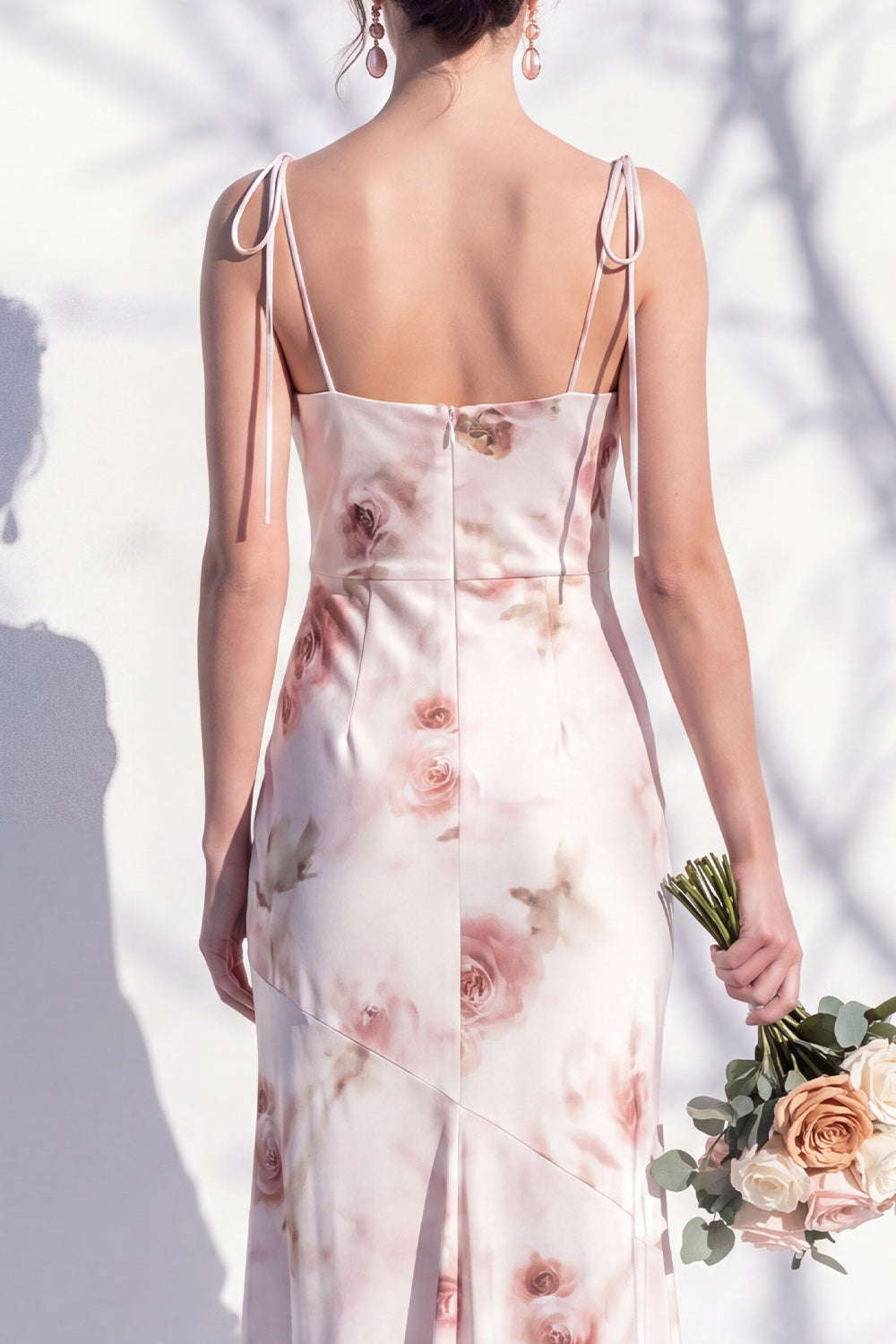 Ivory Red Flower Spaghetti Straps Sheath Long Bridesmaid Dress with Slit