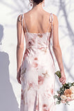 Ivory Red Flower Spaghetti Straps Sheath Long Bridesmaid Dress with Slit