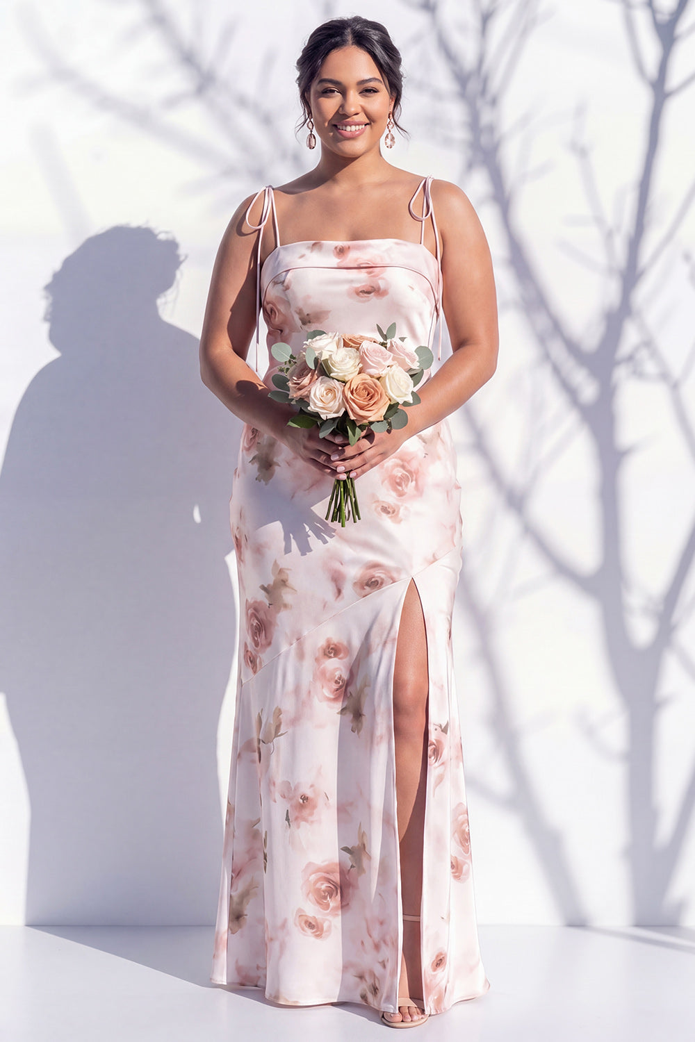 Ivory Red Flower Spaghetti Straps Sheath Long Bridesmaid Dress with Slit