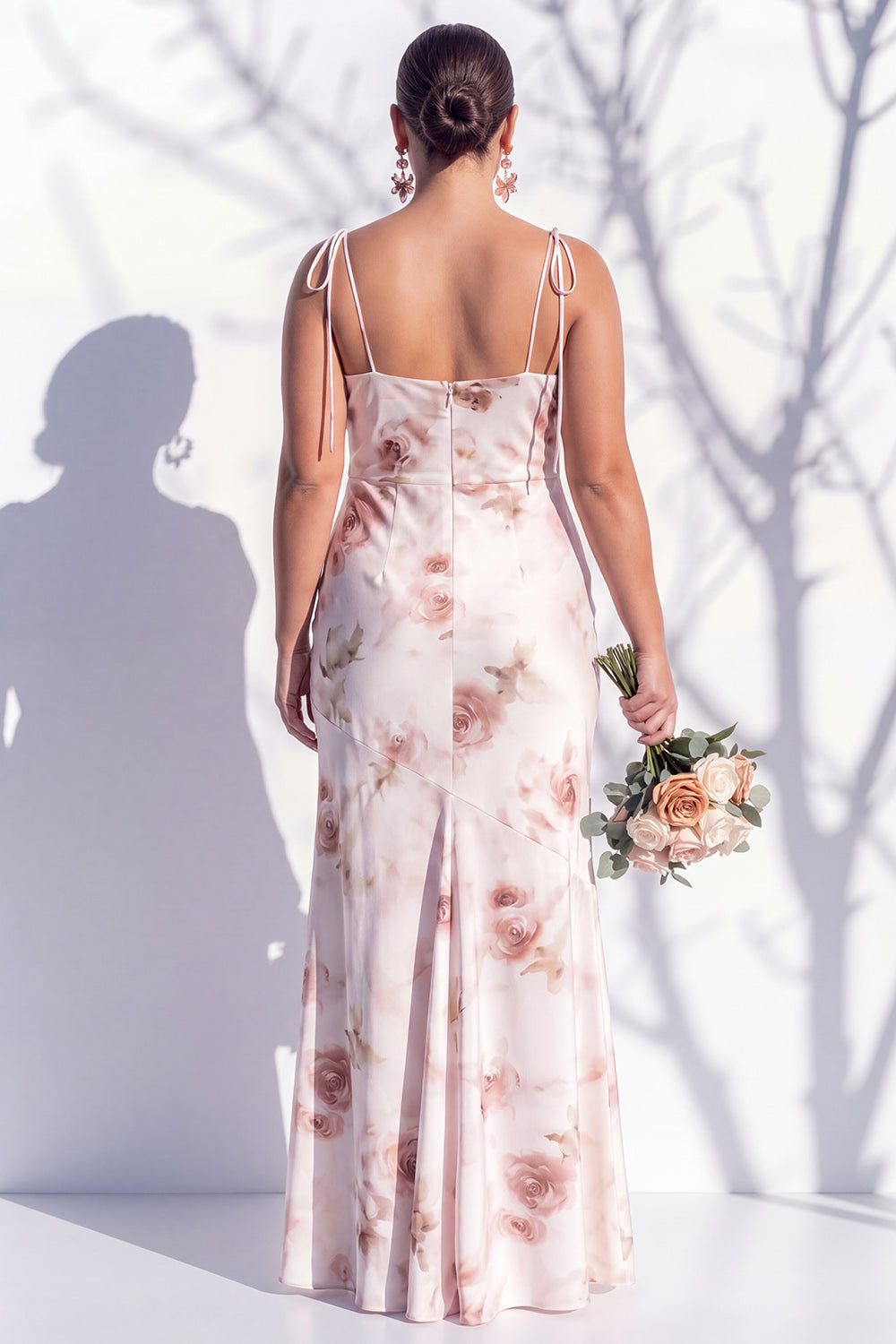 Ivory Red Flower Spaghetti Straps Sheath Long Bridesmaid Dress with Slit