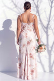 Ivory Red Flower Spaghetti Straps Sheath Long Bridesmaid Dress with Slit