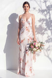 Spaghetti Straps Sheath Ivory Red Flower Long Bridesmaid Dress