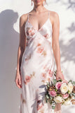 Spaghetti Straps Sheath Ivory Red Flower Long Bridesmaid Dress