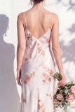 Spaghetti Straps Sheath Ivory Red Flower Long Bridesmaid Dress
