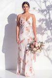 Spaghetti Straps Sheath Ivory Red Flower Long Bridesmaid Dress