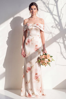 Mermaid Off the Shoulder Ivory Red Flower Long Bridesmaid Dress