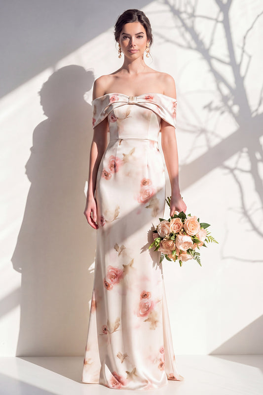 Mermaid Off the Shoulder Ivory Red Flower Long Bridesmaid Dress