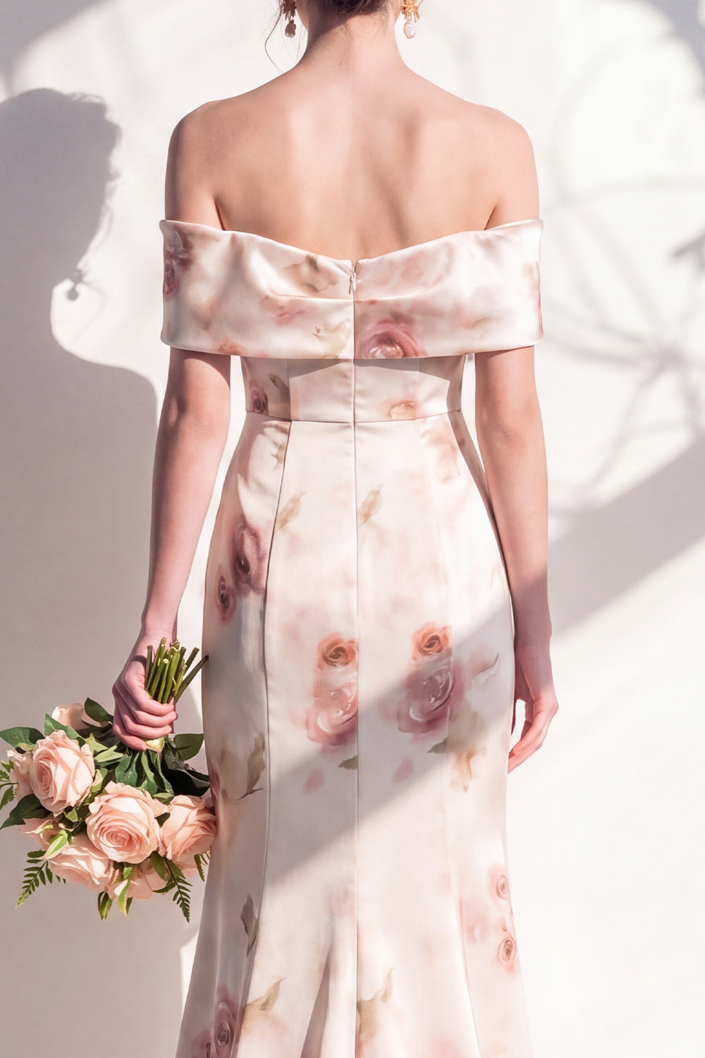 Mermaid Off the Shoulder Ivory Red Flower Long Bridesmaid Dress