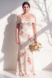 Mermaid Off the Shoulder Ivory Red Flower Long Bridesmaid Dress