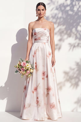 A Line Strapless Ruched Ivory Red Flower Long Bridesmaid Dress