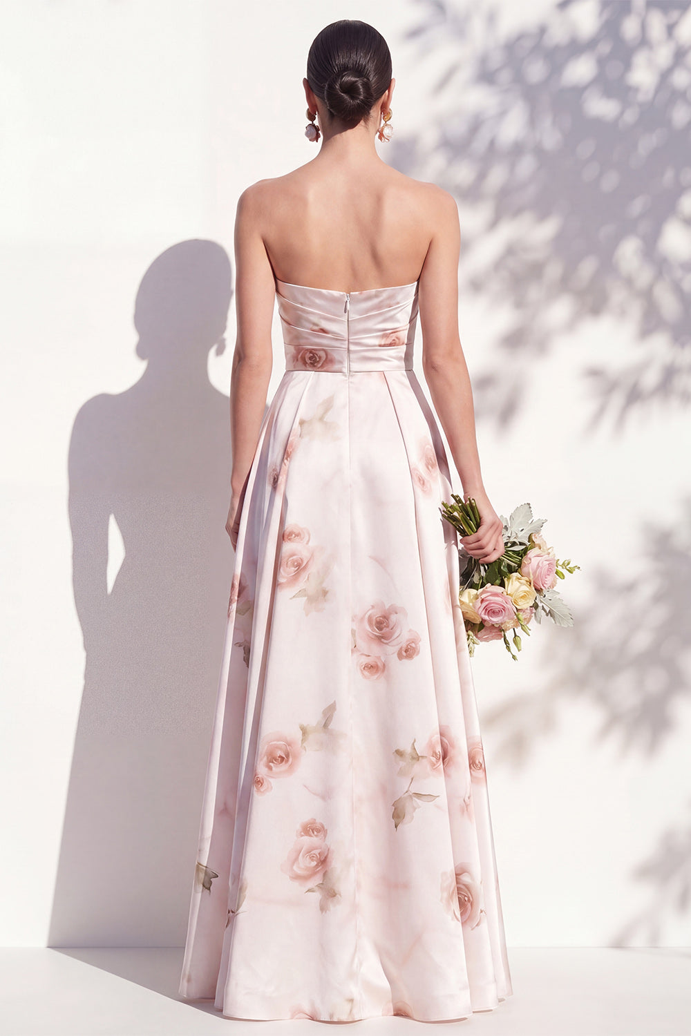 A Line Strapless Ruched Ivory Red Flower Long Bridesmaid Dress