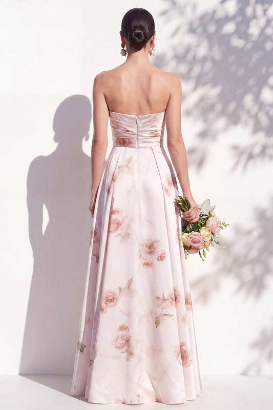 A Line Strapless Ruched Ivory Red Flower Long Bridesmaid Dress