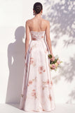 A Line Strapless Ruched Ivory Red Flower Long Bridesmaid Dress