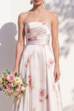 A Line Strapless Ruched Ivory Red Flower Long Bridesmaid Dress