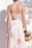 A Line Strapless Ruched Ivory Red Flower Long Bridesmaid Dress