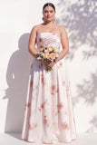 A Line Strapless Ruched Ivory Red Flower Long Bridesmaid Dress