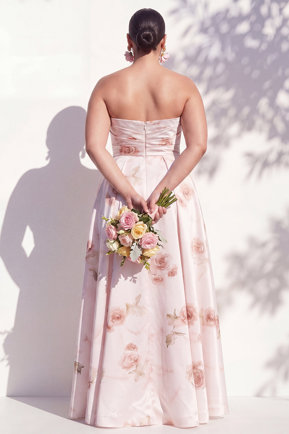 A Line Strapless Ruched Ivory Red Flower Long Bridesmaid Dress