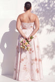 A Line Strapless Ruched Ivory Red Flower Long Bridesmaid Dress