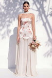 A Line Strapless Ivory Red Flower Long Bridesmaid Dress with Pearls