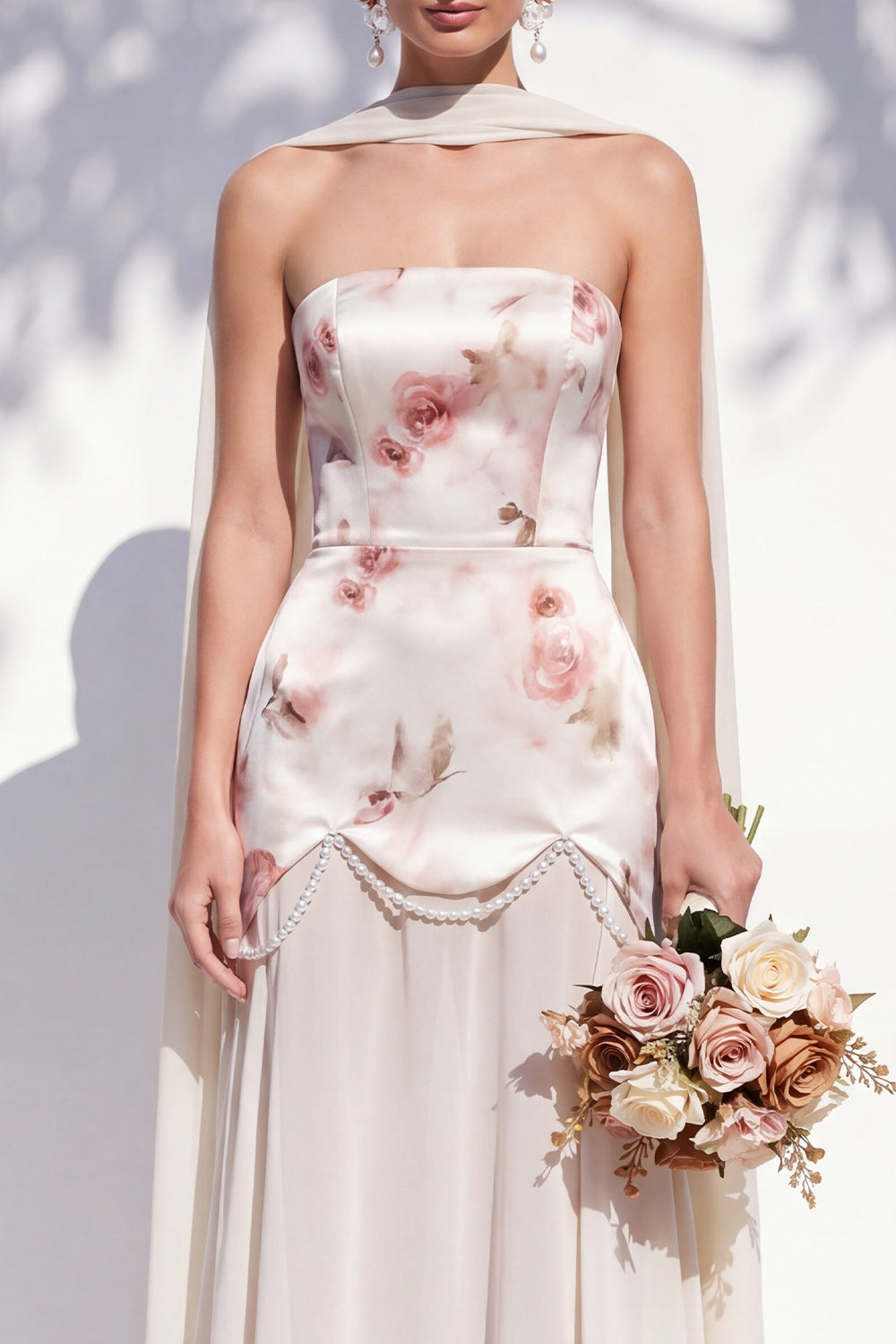 A Line Strapless Ivory Red Flower Long Bridesmaid Dress with Pearls