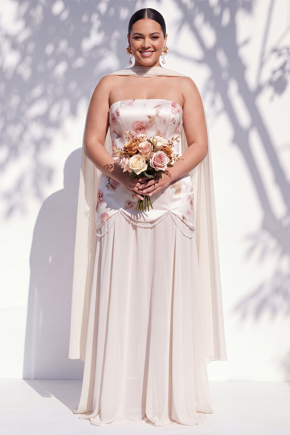 A Line Strapless Ivory Red Flower Long Bridesmaid Dress with Pearls
