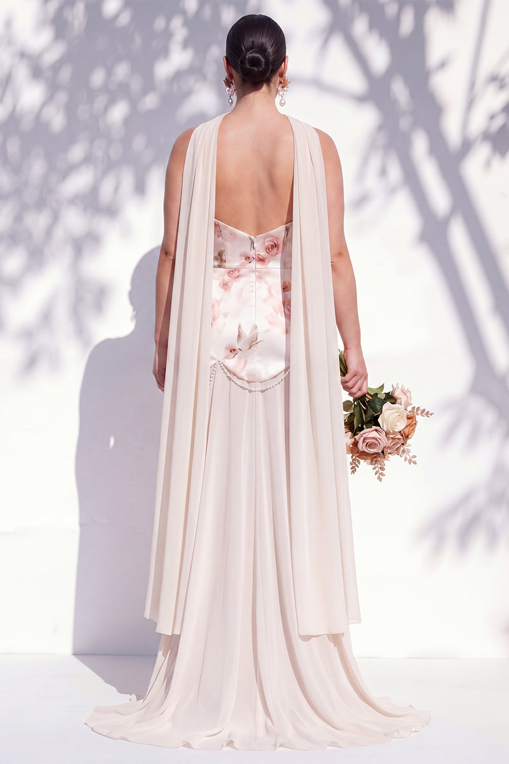 A Line Strapless Ivory Red Flower Long Bridesmaid Dress with Pearls