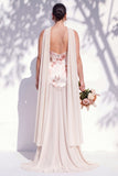 A Line Strapless Ivory Red Flower Long Bridesmaid Dress with Pearls