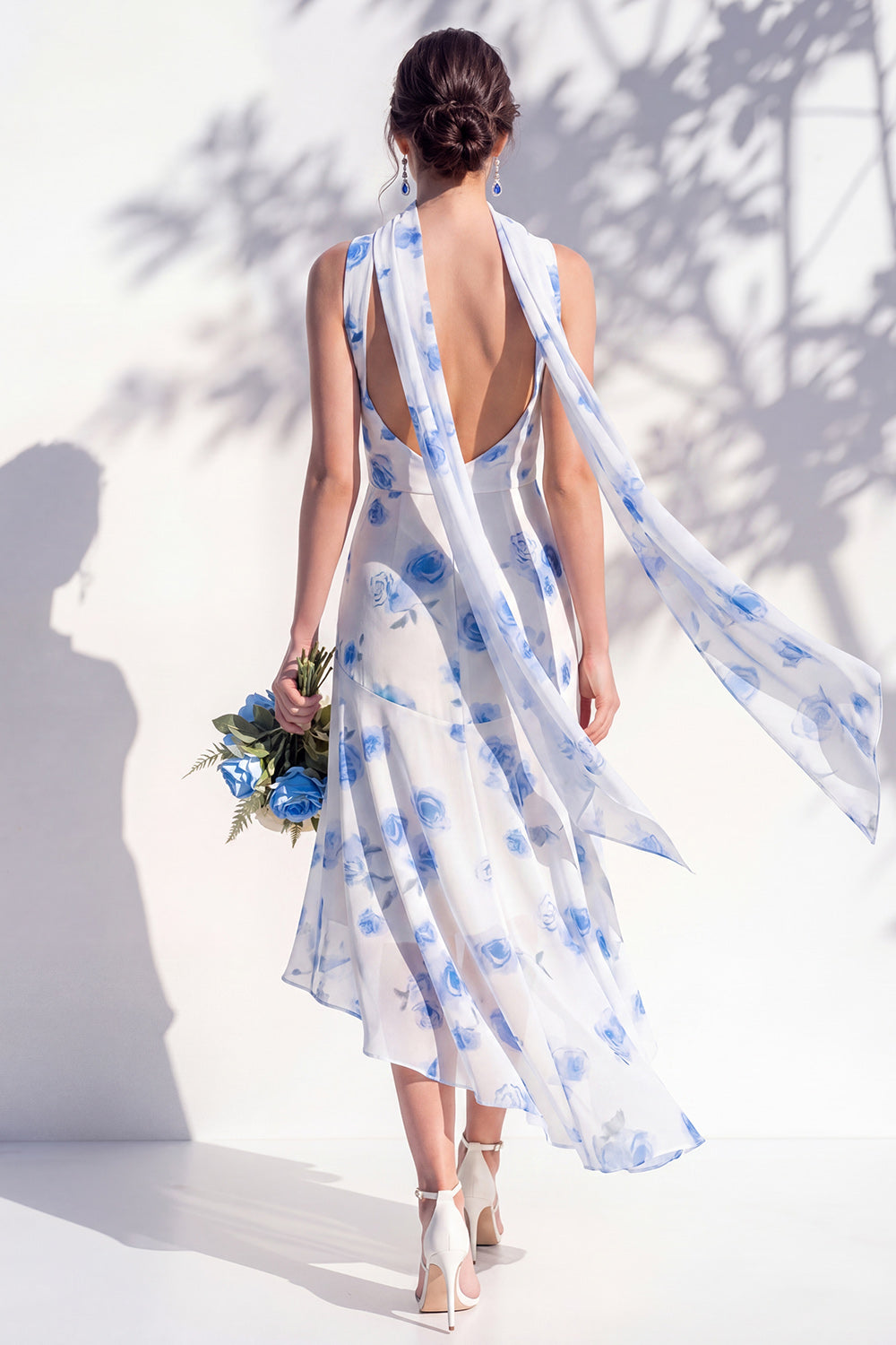 Blue Flower Cowl Neck Mermaid High Low Backless Bridesmaid Dress