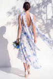 Blue Flower Cowl Neck Mermaid High Low Backless Bridesmaid Dress