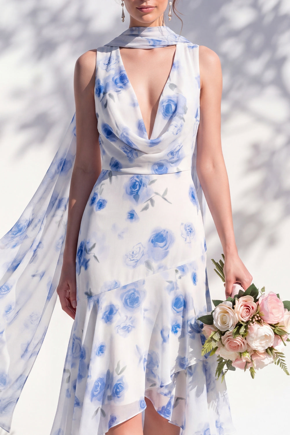 Blue Flower Cowl Neck Mermaid High Low Backless Bridesmaid Dress