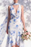 Blue Flower Cowl Neck Mermaid High Low Backless Bridesmaid Dress
