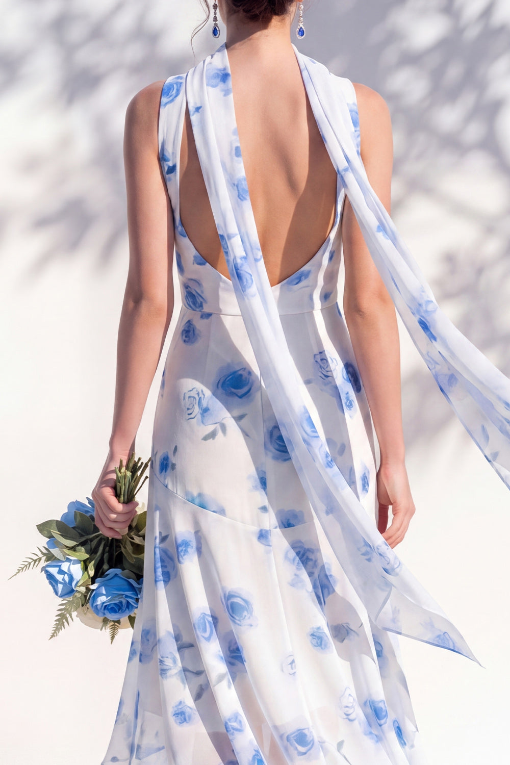 Blue Flower Cowl Neck Mermaid High Low Backless Bridesmaid Dress