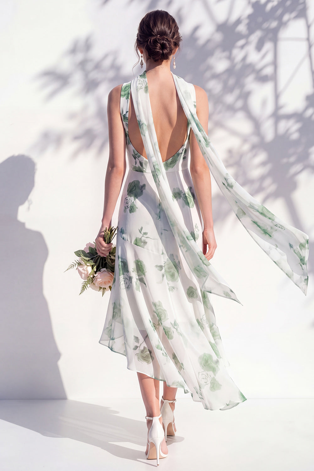 Blue Flower Cowl Neck Mermaid High Low Backless Bridesmaid Dress
