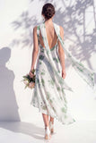 Blue Flower Cowl Neck Mermaid High Low Backless Bridesmaid Dress