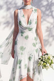 Blue Flower Cowl Neck Mermaid High Low Backless Bridesmaid Dress