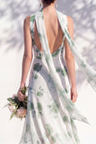 Blue Flower Cowl Neck Mermaid High Low Backless Bridesmaid Dress