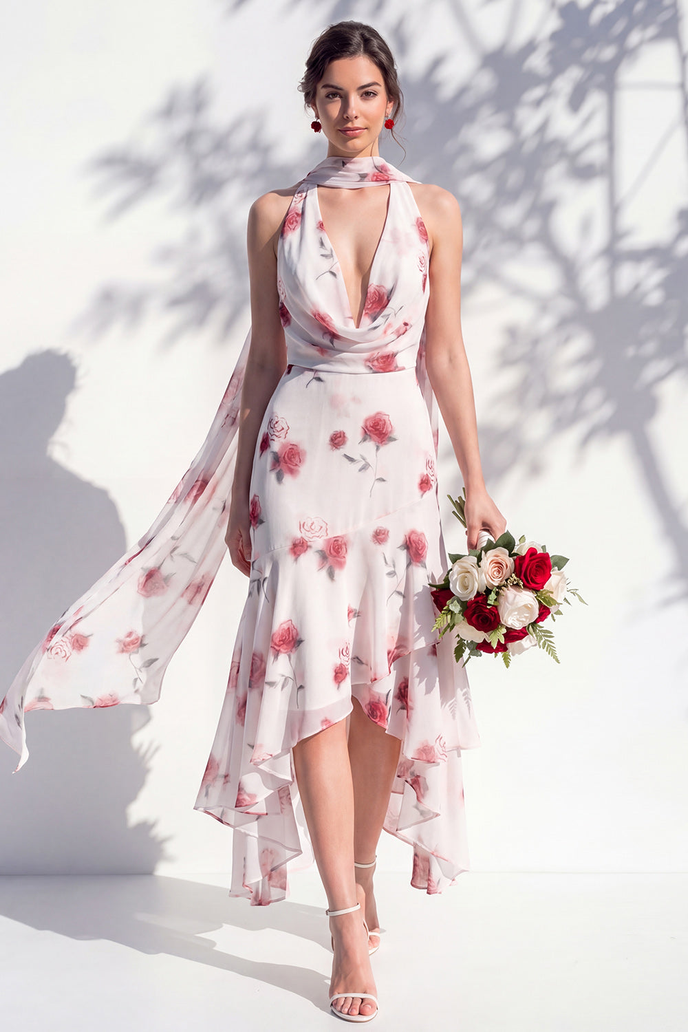 Blue Flower Cowl Neck Mermaid High Low Backless Bridesmaid Dress