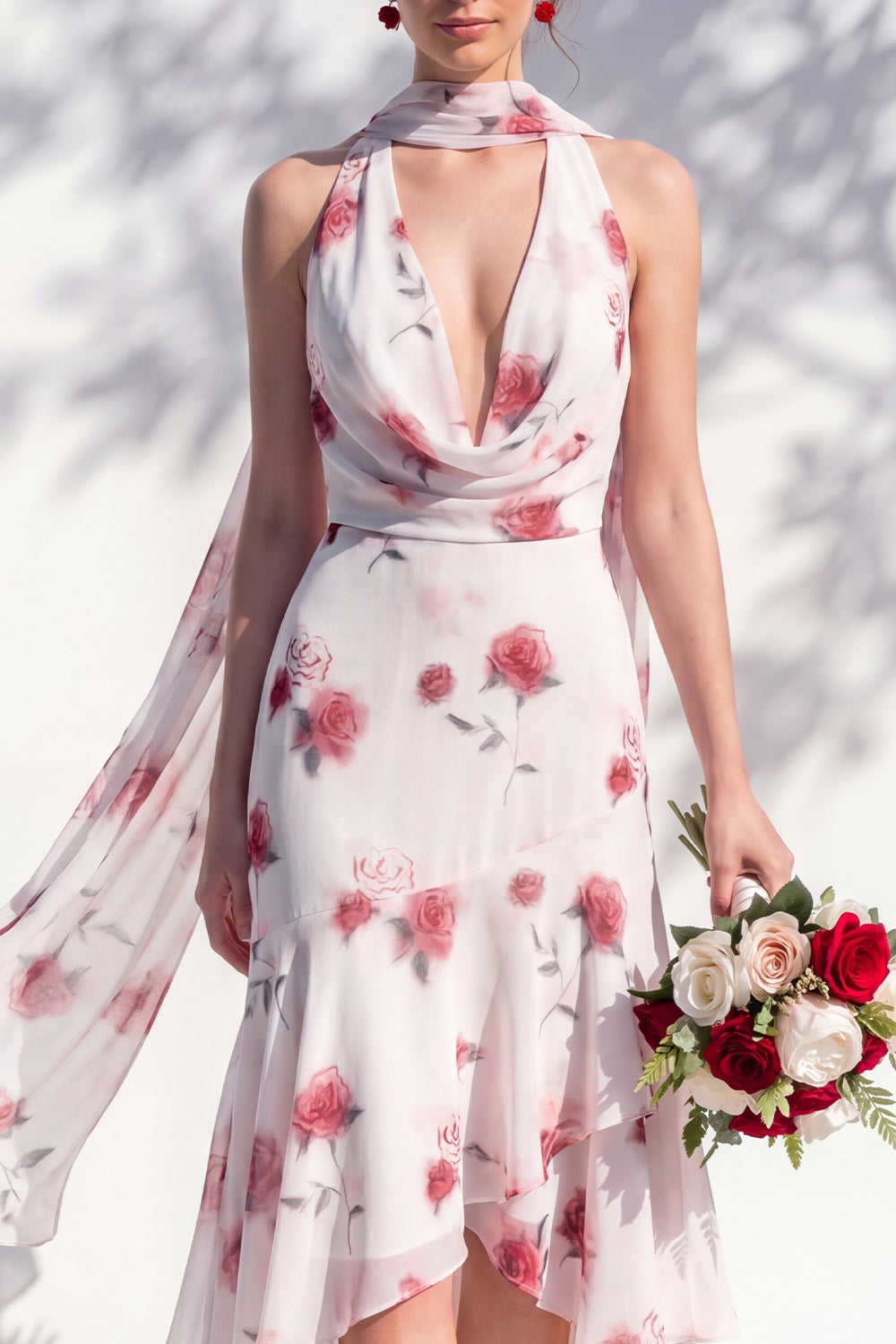 Blue Flower Cowl Neck Mermaid High Low Backless Bridesmaid Dress