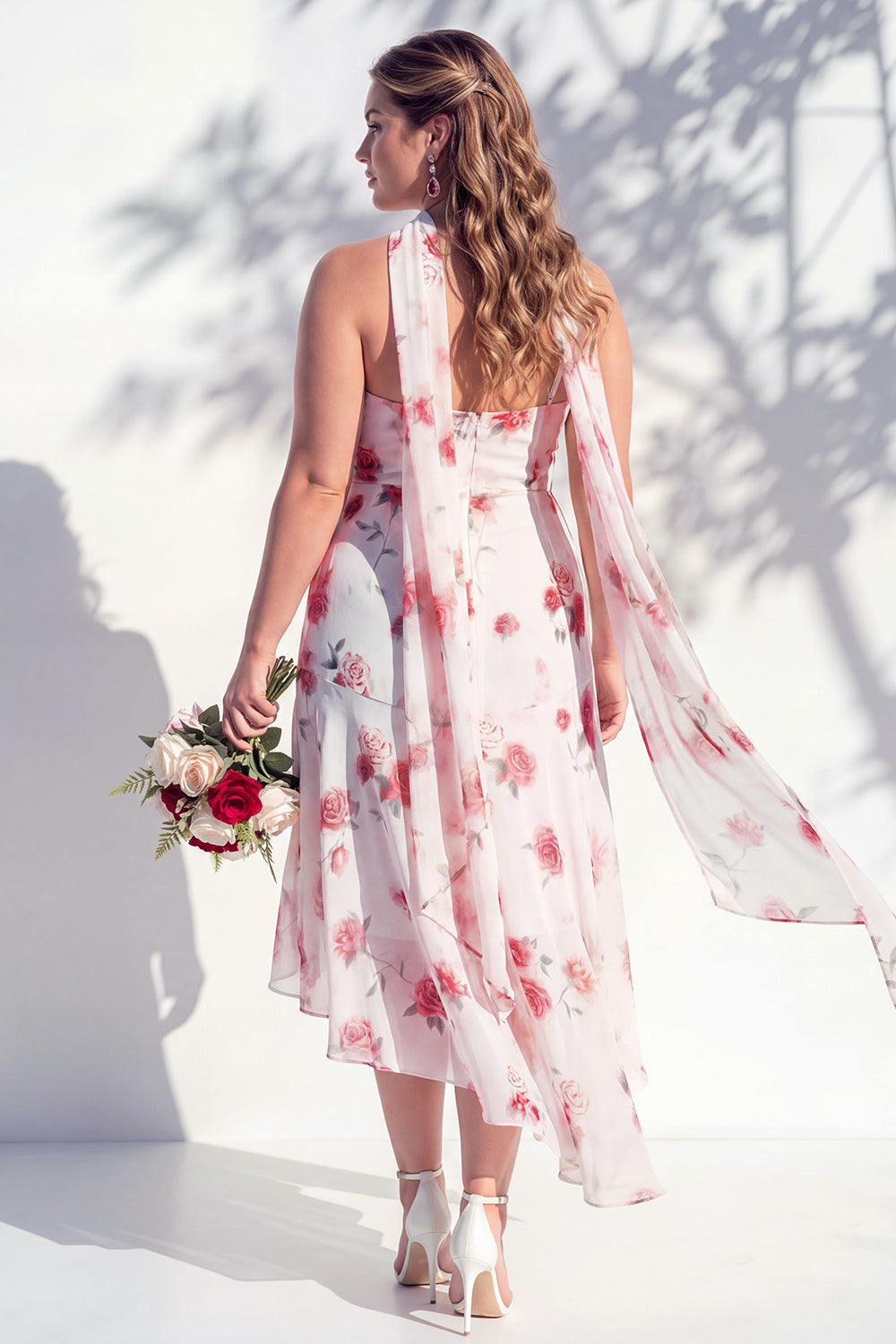 Blue Flower Cowl Neck Mermaid High Low Backless Bridesmaid Dress