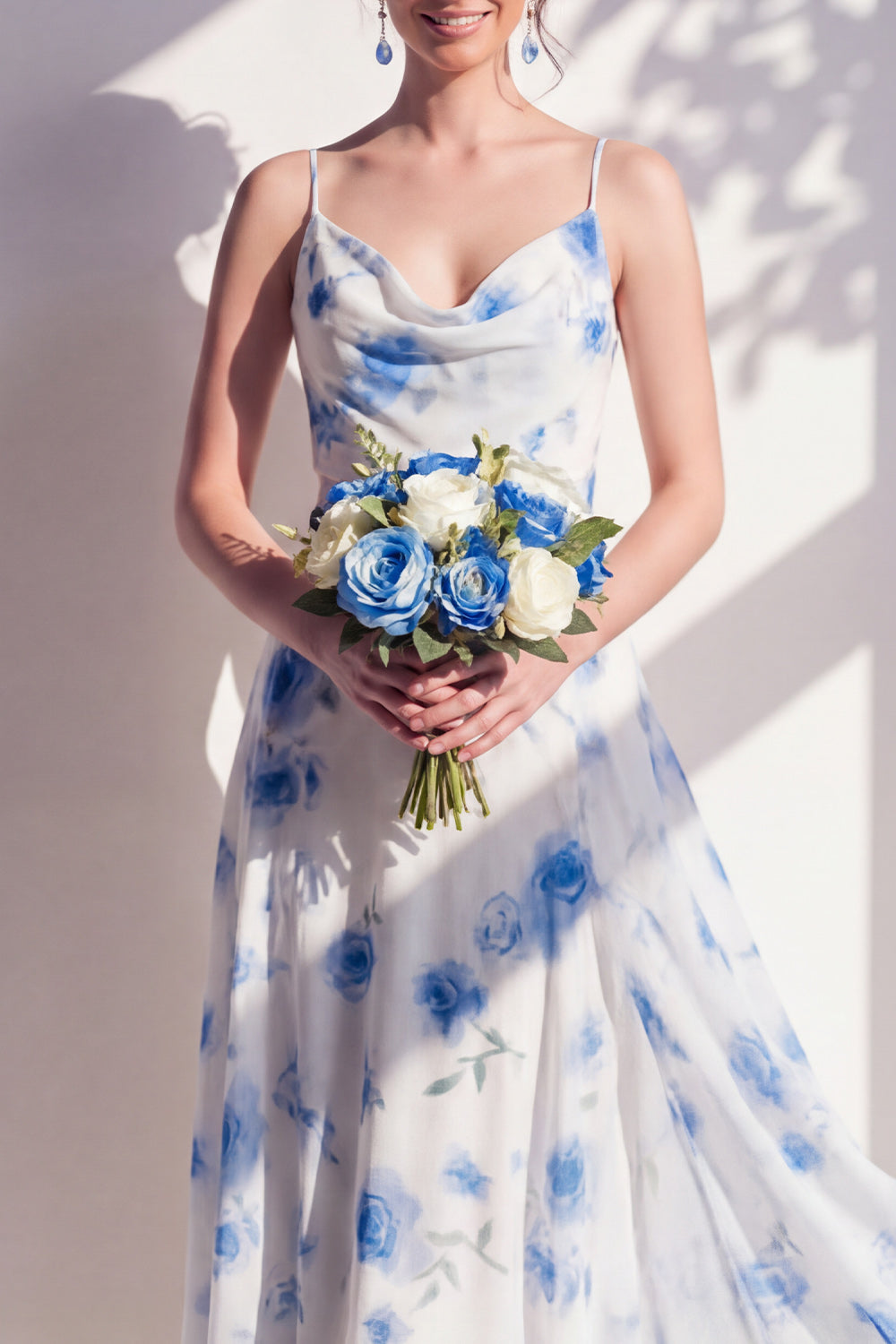 Green Flower Asymmetrical Cowl Neck A Line Bridesmaid Dress