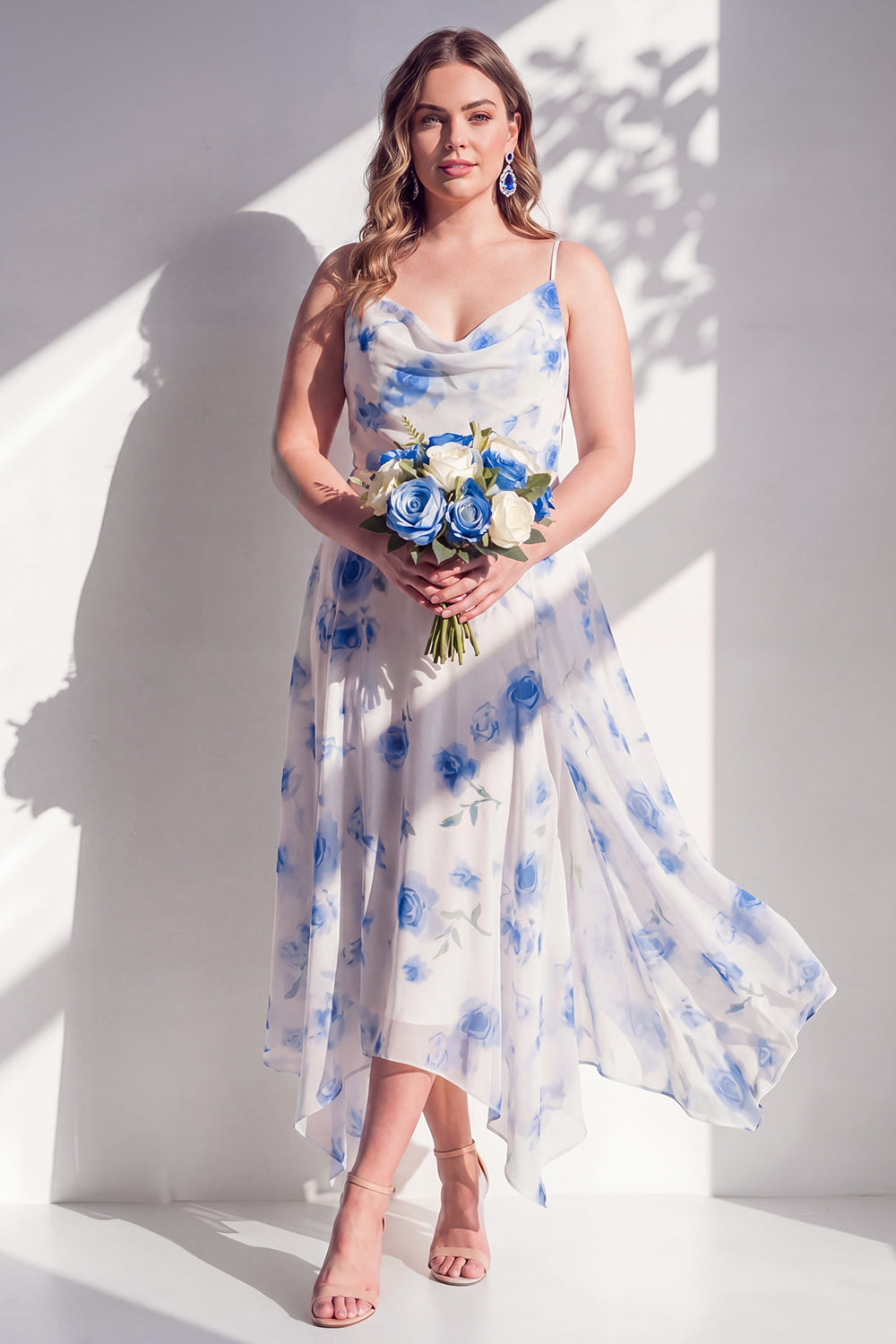 Green Flower Asymmetrical Cowl Neck A Line Bridesmaid Dress