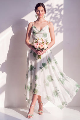 Green Flower Asymmetrical Cowl Neck A Line Bridesmaid Dress