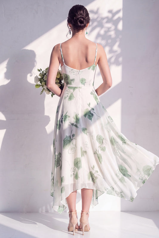 Green Flower Asymmetrical Cowl Neck A Line Bridesmaid Dress
