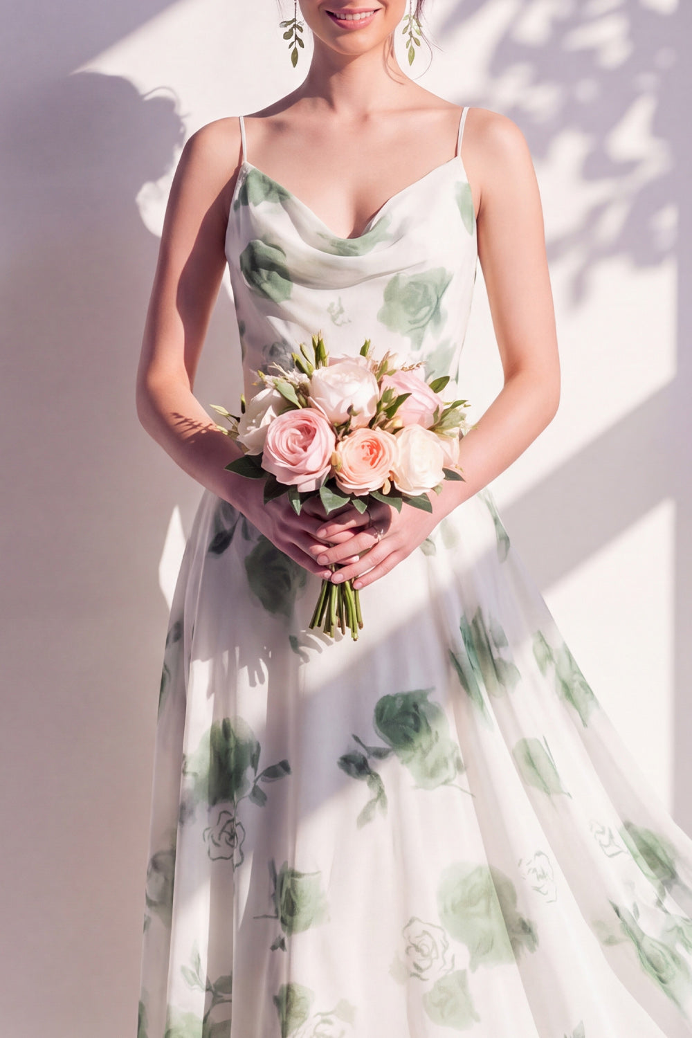 Green Flower Asymmetrical Cowl Neck A Line Bridesmaid Dress